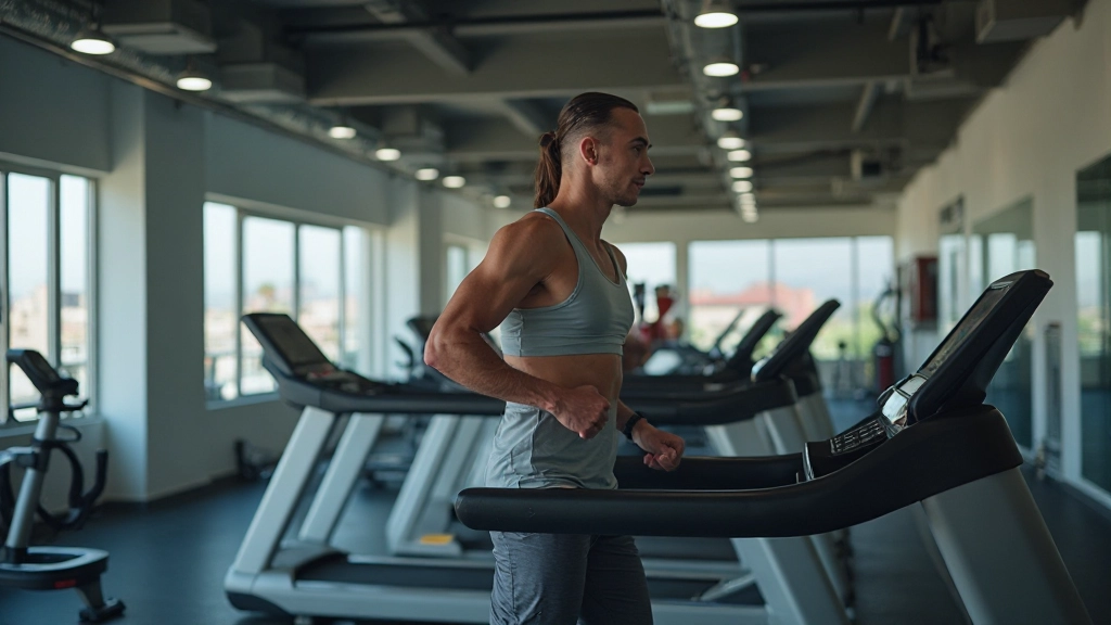 متدرب محترف يمارس تمارين الجري على جهاز المشي في صالة رياضية حديثة