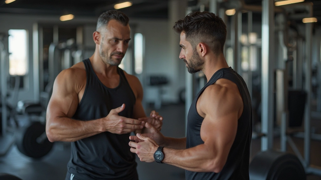 مدرب شخصي يقدم نصائح لعميل في جلسة تدريب فردية